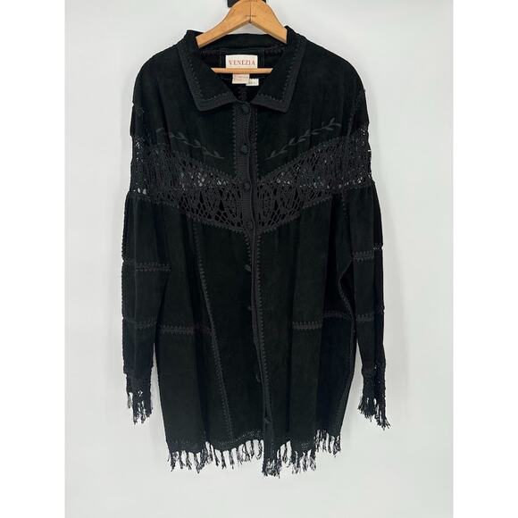 Venezia Womens Black Suede Western Jacket Long Coat Plus Size 1X Fringe Crochet - Picture 1 of 10
